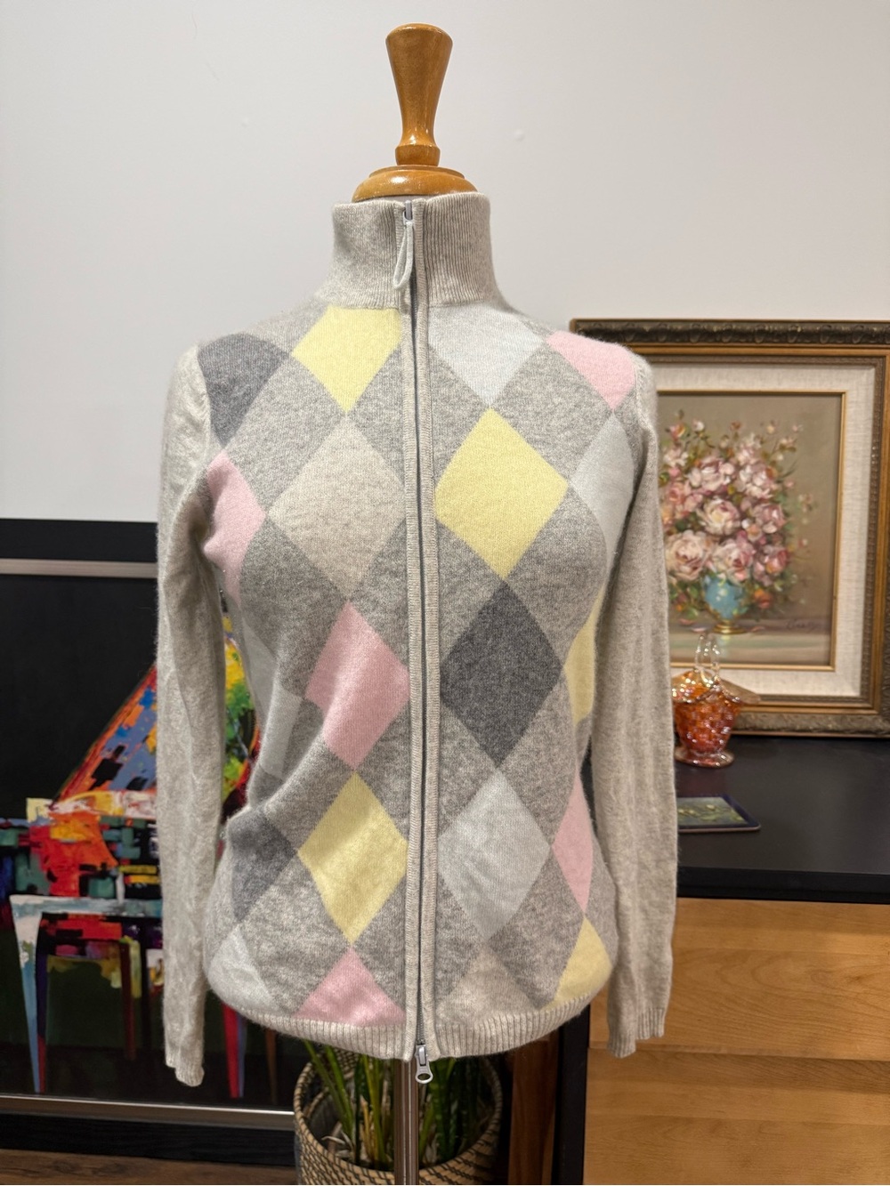 Argyle Zip-Up Cashmere Cardi